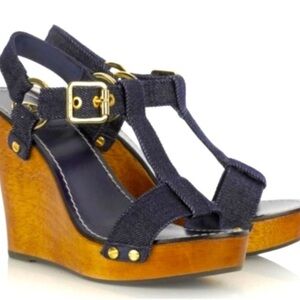 Tory Burch Navy Denim Wedges with Gold Buckle